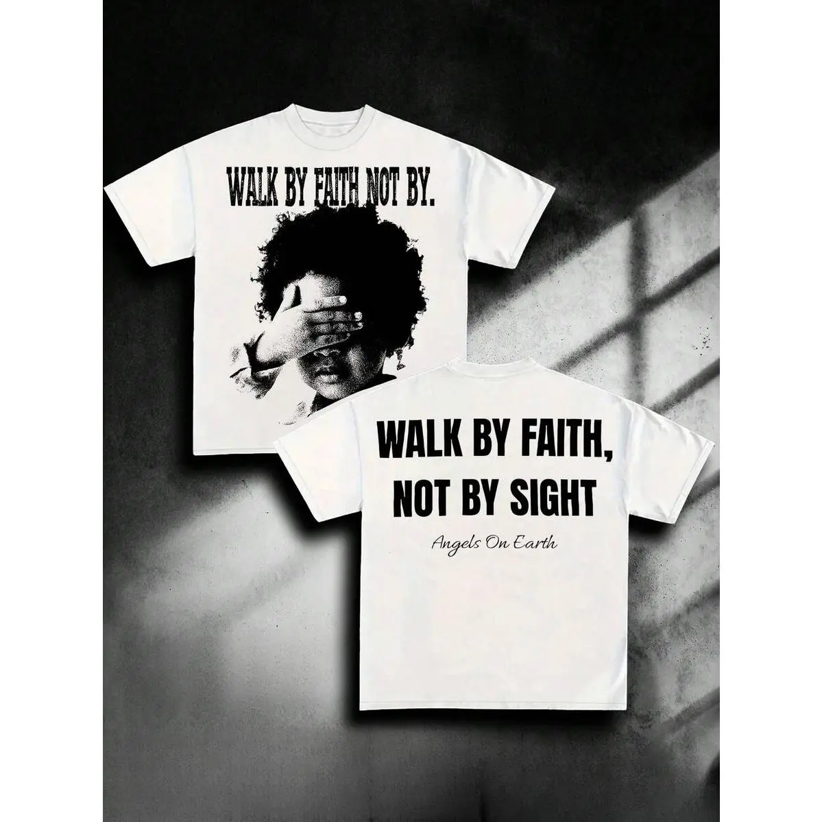 Christian Walk By Faith Graphic T-shirt, Unisex Soft Cotton Crewneck Tee, Front Grunge Kid Portrait Back Large Faith Text Cursive Tagline Crewneck For Church & Daily Faith Wear