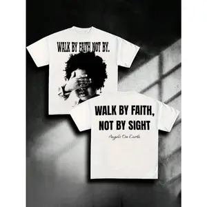 Christian Walk By Faith Graphic T-shirt, Unisex Soft Cotton Crewneck Tee, Front Grunge Kid Portrait Back Large Faith Text Cursive Tagline Crewneck For Church & Daily Faith Wear