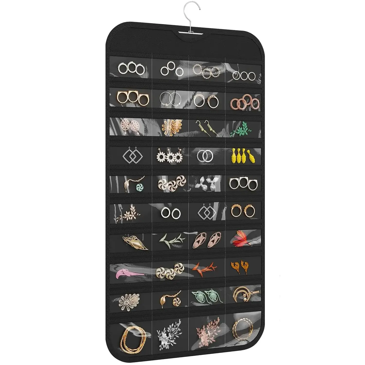 Hanging Jewelry Organizer Bag, 80 Pockets Dual-Sided Foldable Transparent, Rotating Hook for Wall Door Rod, Sort Earrings Necklaces Bracelets Rings, Earring Holder Organizer