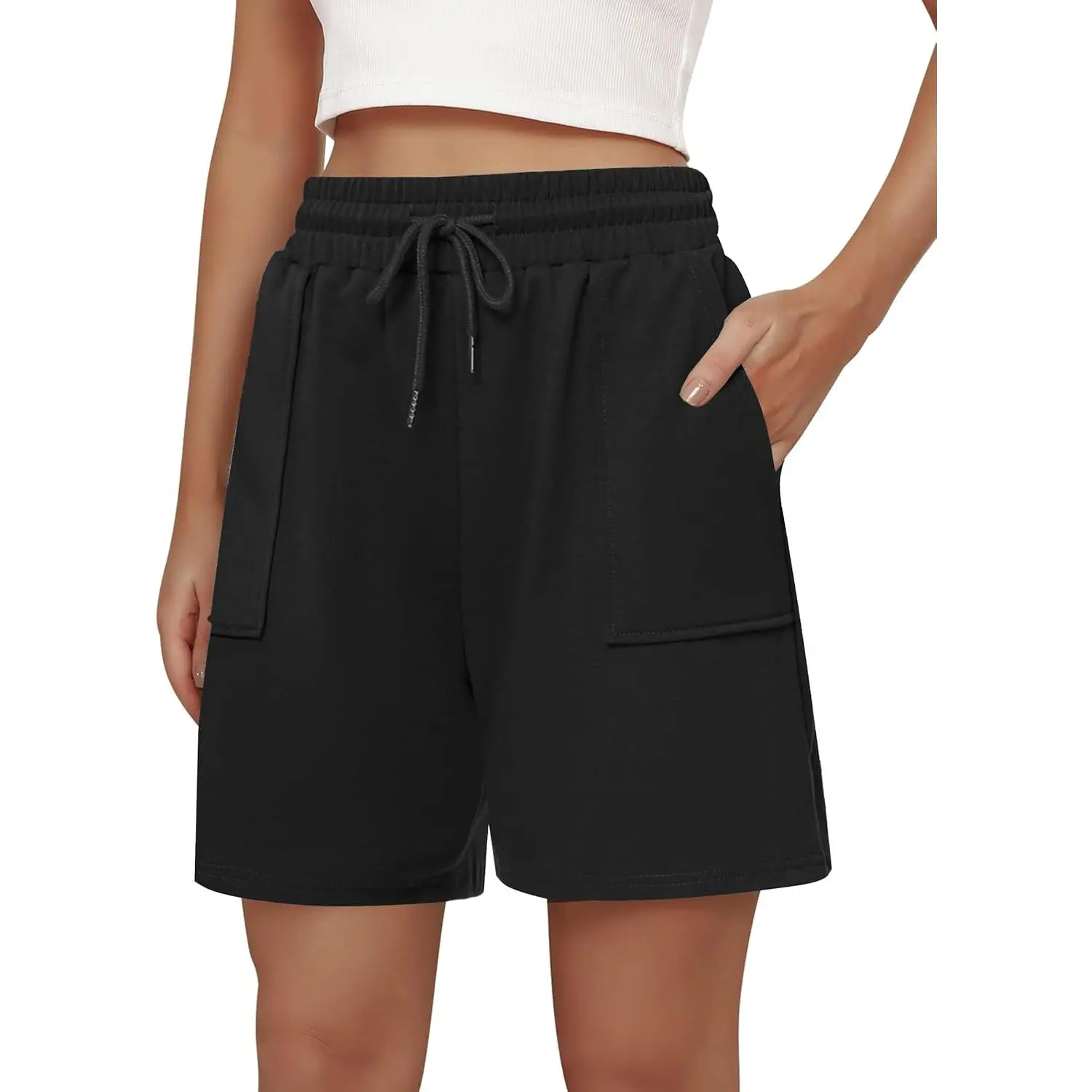 Women's High Waisted Loose Athletic Bermuda Sweat Shorts with Drawstring Pockets for Summer Running Casual