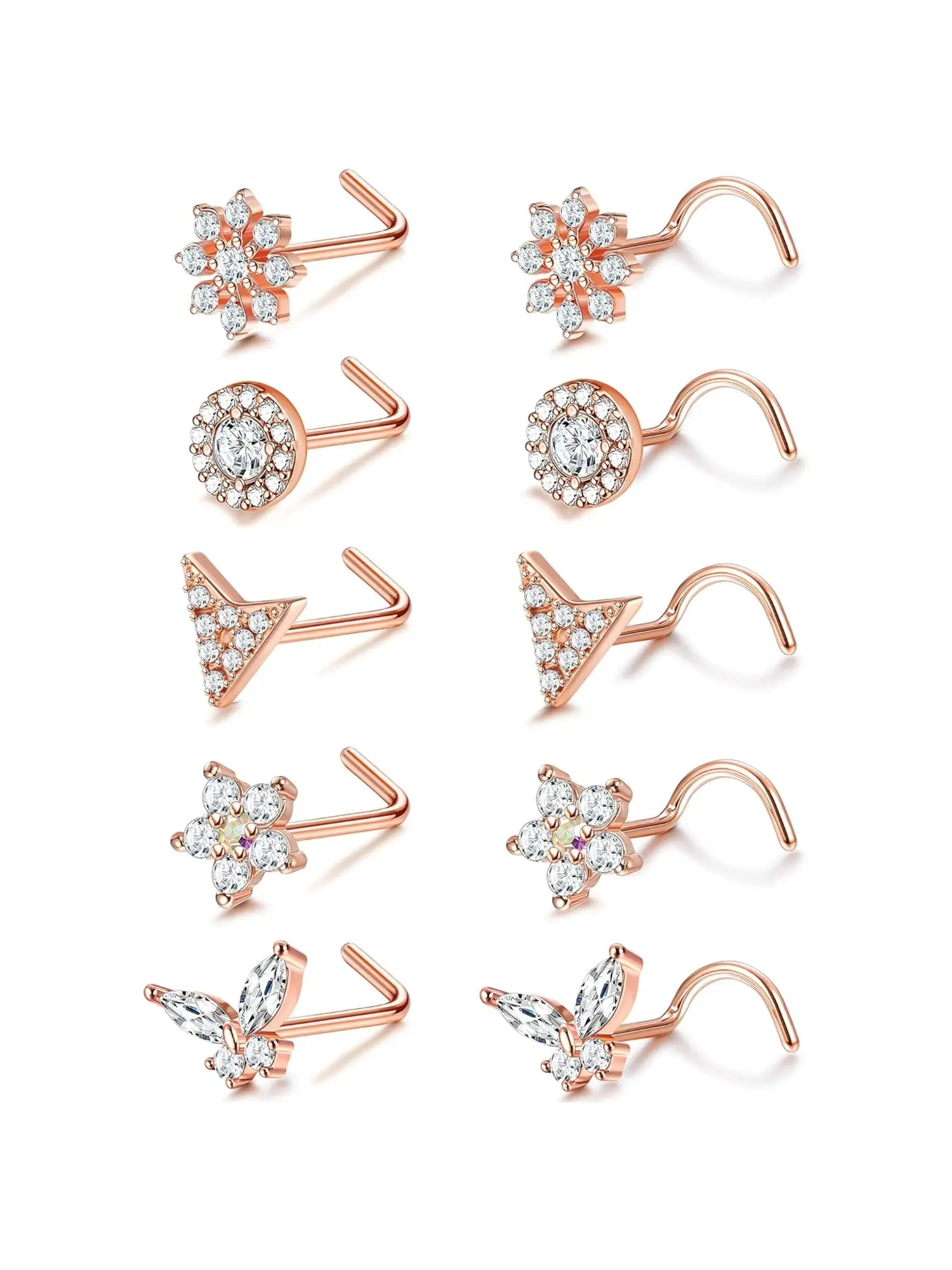 Mixed Post Nose Stud Jewelry Set of 10, Hypoallergenic Stainless Steel Nostril Piercings, Multi‑Pattern CZ‑Encrusted Tops, Butterfly, Triangle, Flower, Circular Halo Designs, Dual Silver Rose‑Gold Tone for Female Piercing Enthusiasts, Nose Rings Set