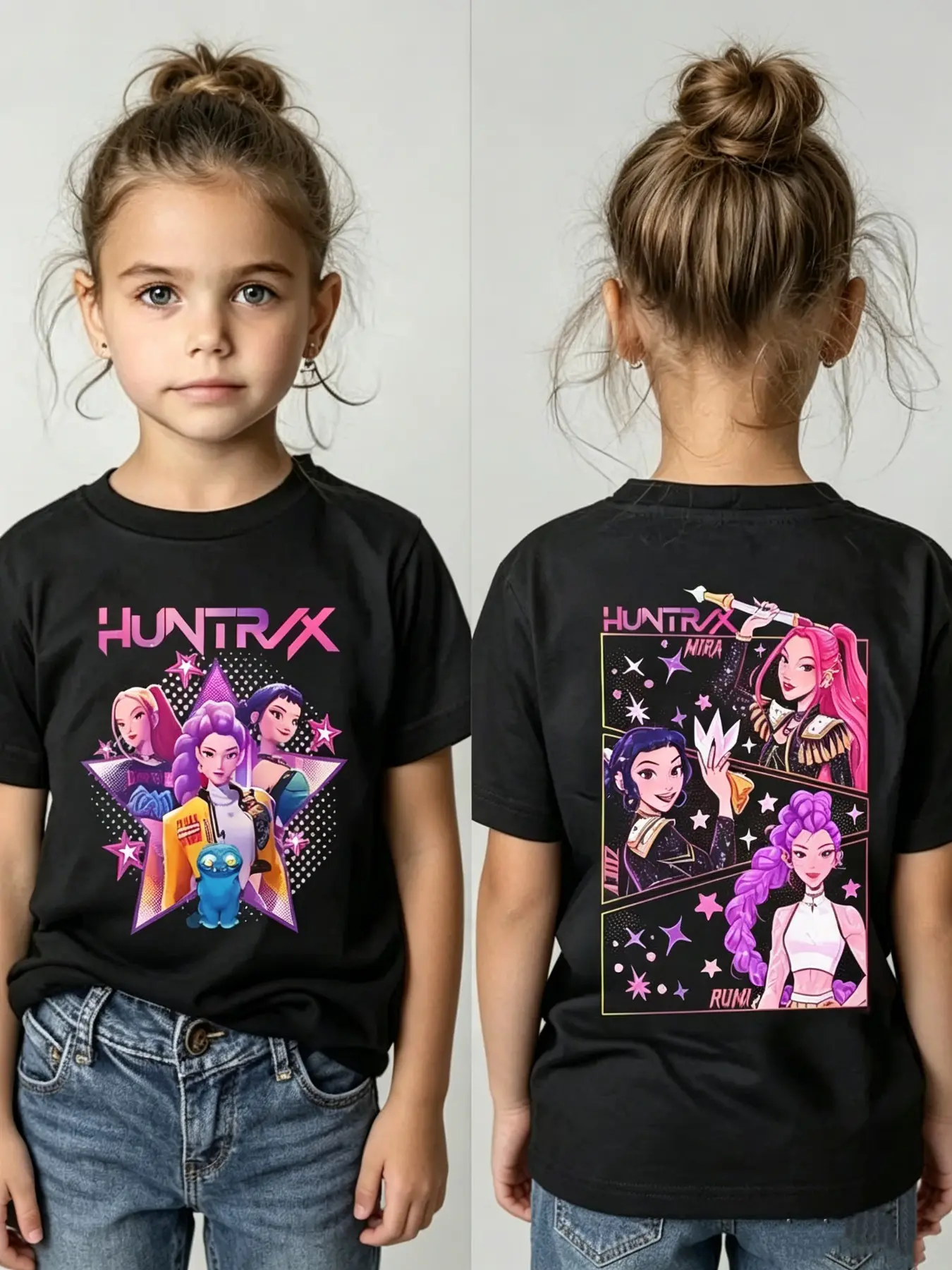 Two-Sided Print Huntrax Anime Girl Kids Short Sleeve T-Shirt Graphic Printed Tees, Mira&rumi Cartoon Characters, Breathable Casual Top for Children