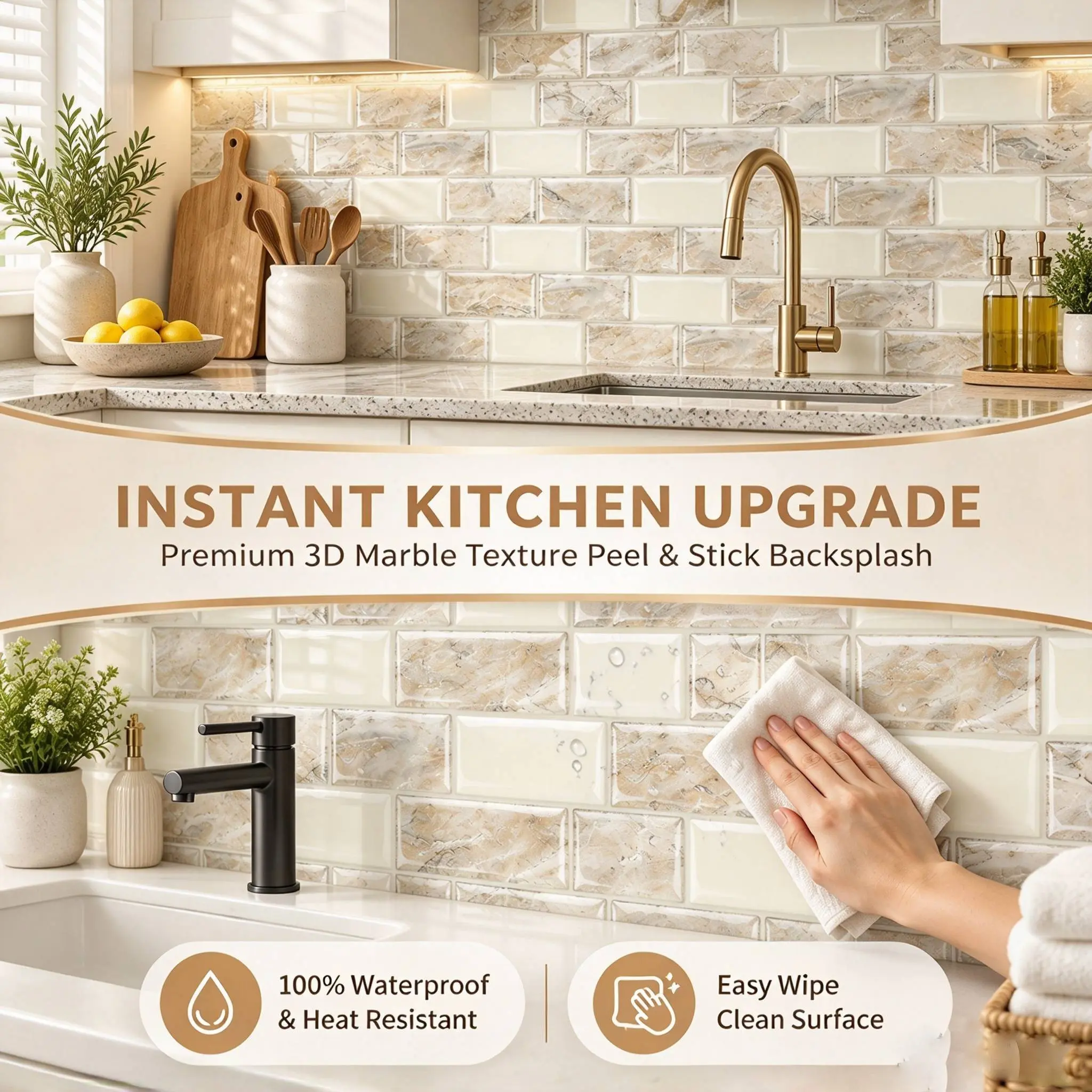 Dewoo 10 Piece Marble Subway Tile Self-Adhesive Interior Wall Stickers, 2.5mm Thick 3D PU Gel, Waterproof, Heat Resistant, Easy Clean, No Drilling