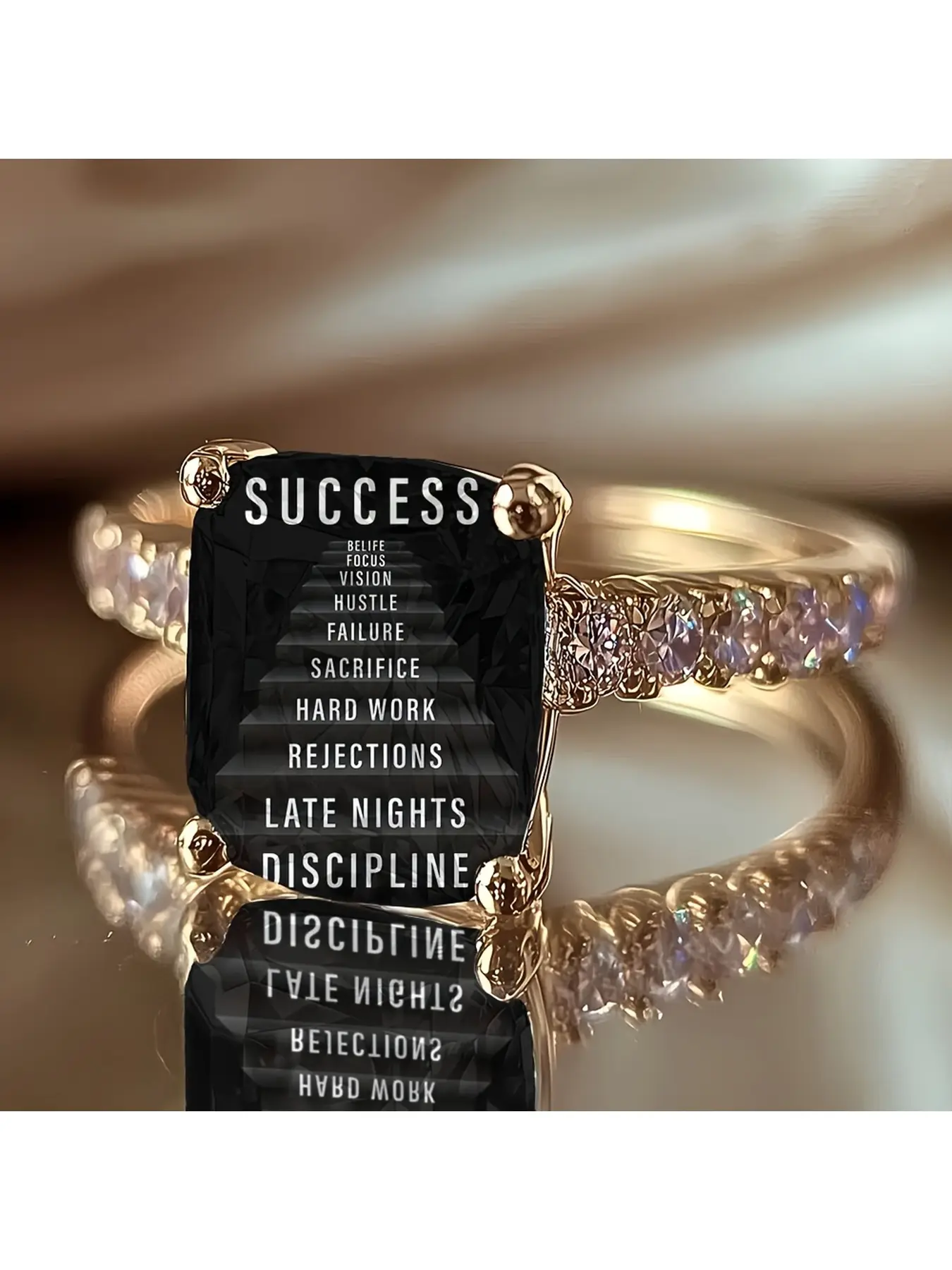 Rectangular SUCCESS Success Staircase Text Embroidery Ring - Inspirational English Staircase Pattern Ring - Symbolizing Self-Discipline and Striving, Suitable as a Businesswoman's Motivational Decorative Gift