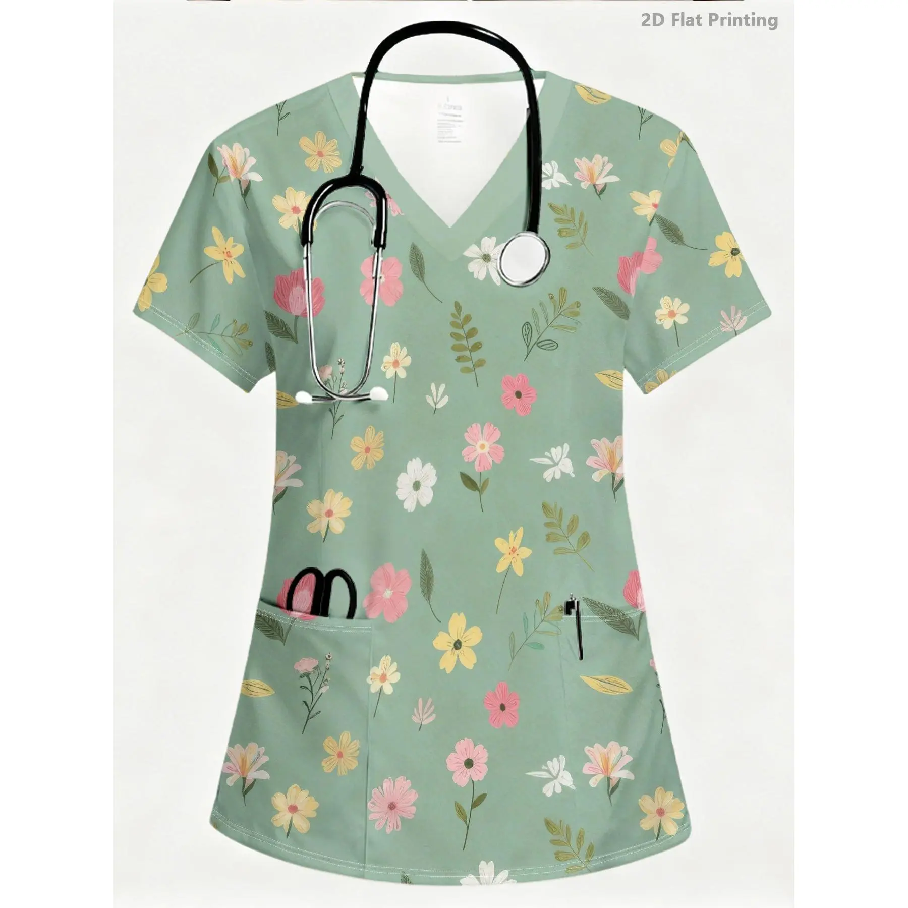 A Women'S Nursing Top Featuring a White Base with an All-Over Print, Two Pockets, And a V-Neck Design.It Has a Light Green Background Adorned with Pastel Flowers And Leaves, Making It Ideal for Various Professional Settings in Healthcare, Dental