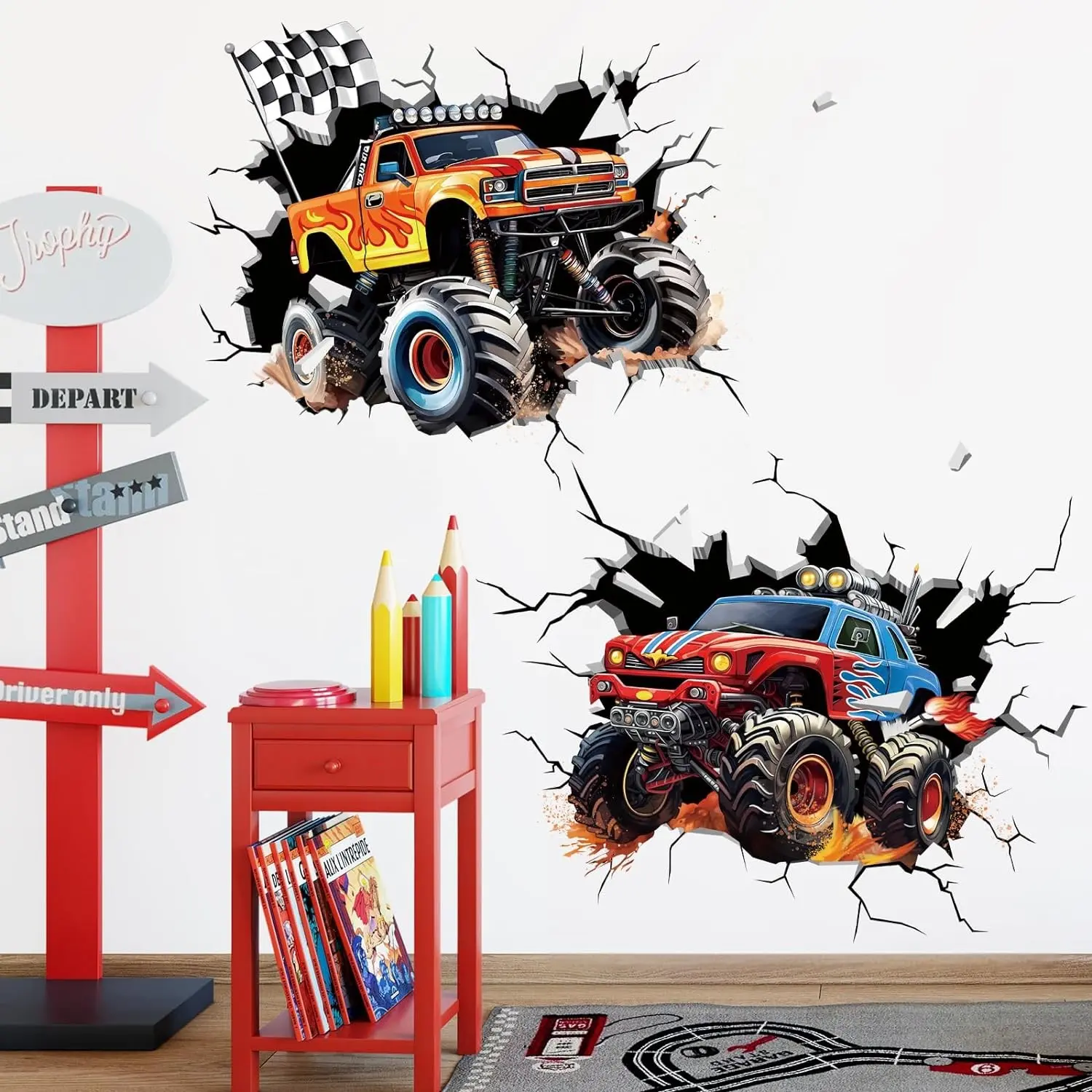 2 Large 3D Racing Cars Wall Decals Trucks Break Through Wall Stickers Boys Bedroom Kids Room Playroom Wall Decor