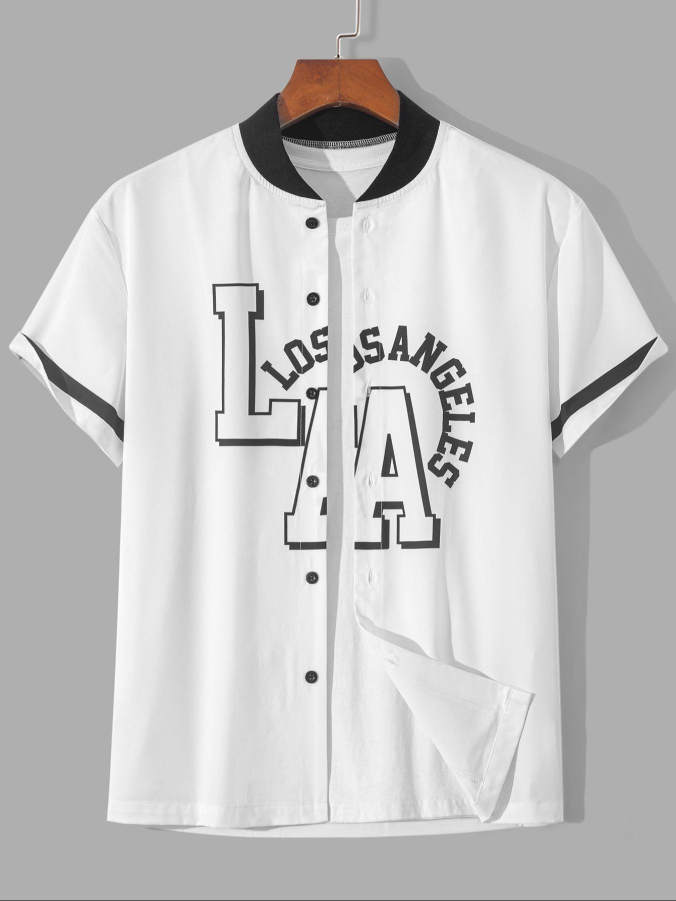 Men's Letter Print Baseball Collar Shirt, Regular Fit Casual Short Sleeve Top for Summer, Men's Clothes for Daily Wear, Menswear, Sports Top, Sportswear Clothing, Vintage Basketball Jersey