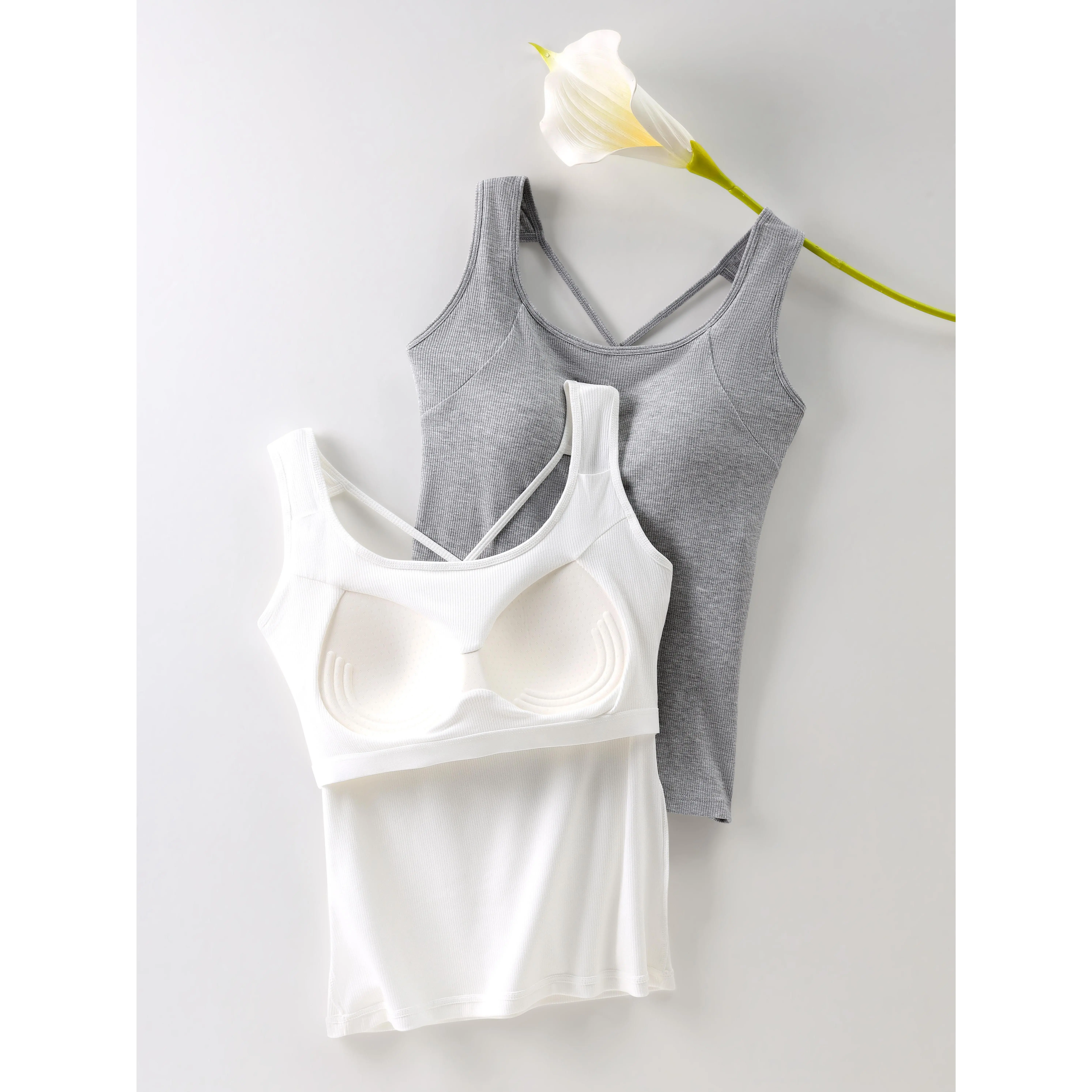 EssElegance Women's Minimalist Sleeveless Ribbed Viscose Activewear Tank Top - Built-in Padded Bra, Strappy Chic Criss Cross Back, Comfortable Fabric for Gym, Yoga, Style, Basic, Fit, Slim Fit, Scoop Neck, All Seasons, Cold Hand Wash, Denim