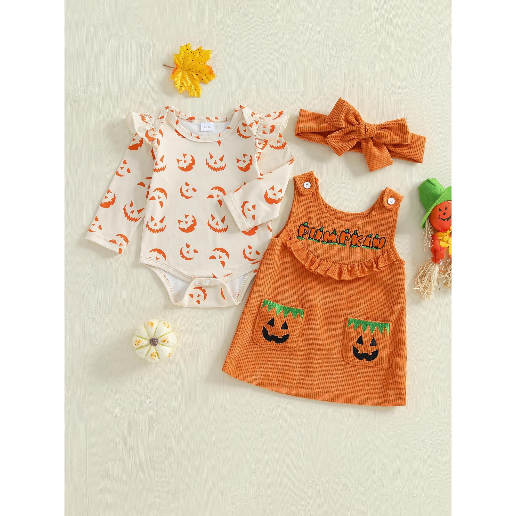 Baby Girls Clothes Set Long Sleeve Halloween Pumpkin Face Print Romper with Letter Embroidery Dress and Headband 3Pcs Outfit