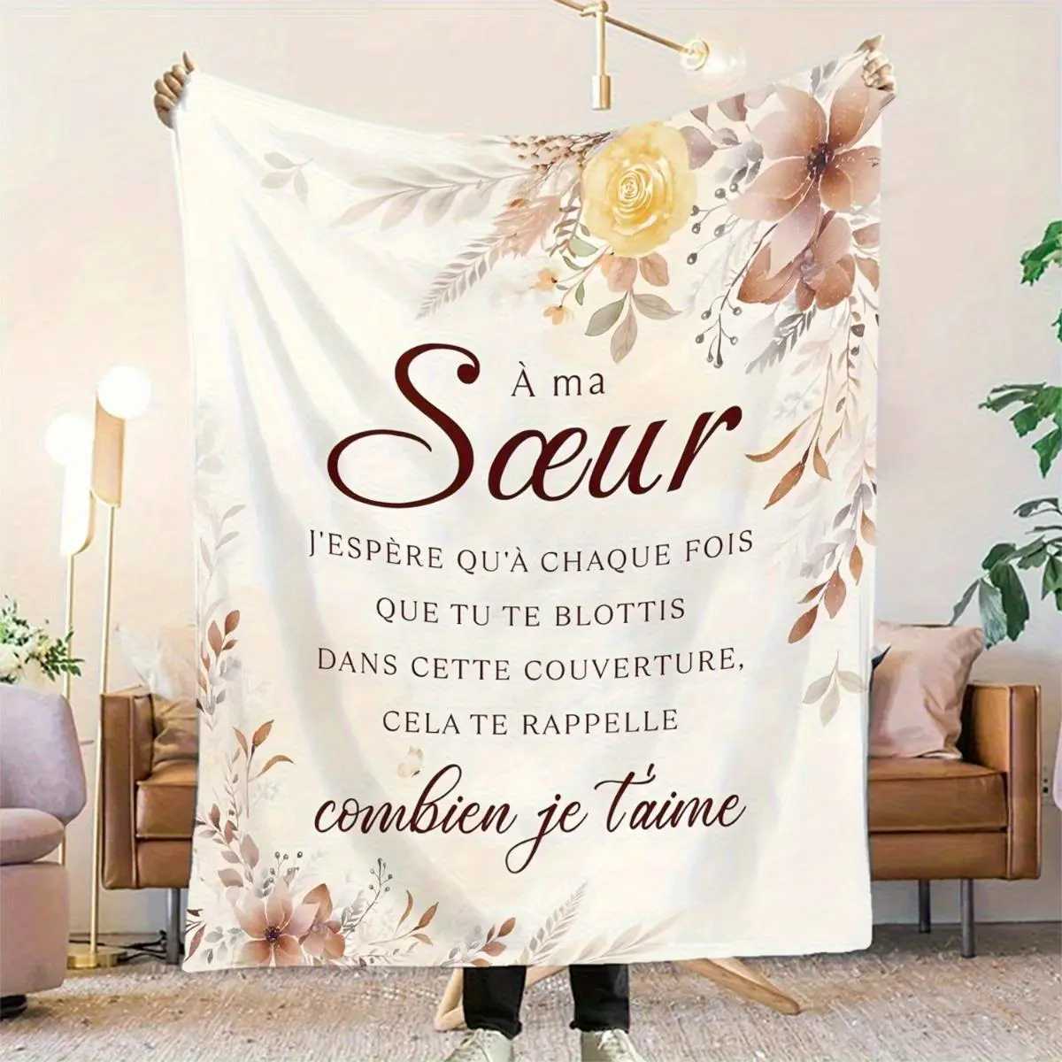 1pc French Sisters Quote Floral Blanket - Soft Flannel All-Season Blanket with Light Flowers and Beige Modern Design, Machine Washable Cute Blanket, Suitable for Sofa, Bed, TV Room - A Warm Gift for Sisters, Elegant Written Text-280GSM