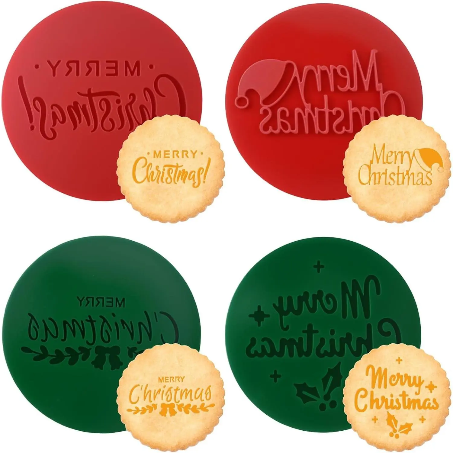 Christmas Cookie Stamps, 4PCS 3 Inch Red & Green Merry Christmas Acrylic Molds, Winter Holiday Cookie Baking Supplies for Treats