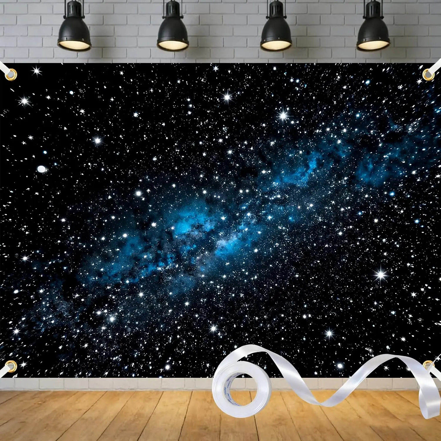 1pc Space Backdrop Starry Night Sky Backdrop Polyester Universe Space Star Theme Photo Background Galaxy Banner for Boy or Girl Birthday Party with Ribbon