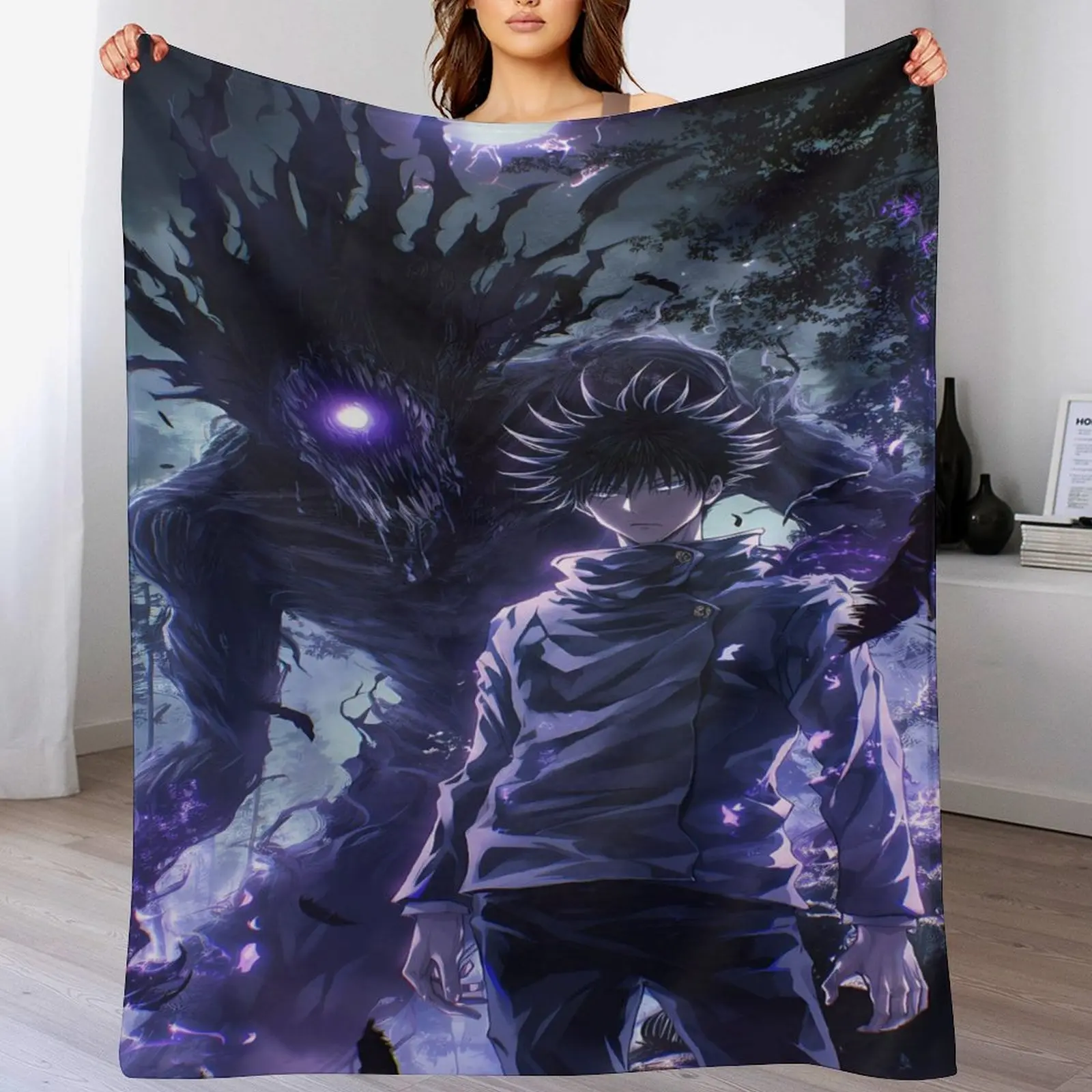 Jujutsu Kaisen Megumi Fushiguro Throw Blanket Ten Shadows Technique Anime Flannel Blanket Soft Cozy Blanket for Bedroom Living Room All Season Decor