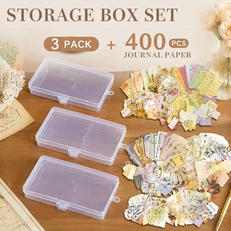 3 Pack Clear Plastic Storage Boxes with 400Pcs Vintage Scrapbook Journal Paper, Portable Transparent Craft Organizer Case with Hanging Hole, Retro Decorative Scrapbooking Stickers Ephemera Paper Kit for Journaling, DIY Crafts, Card Making
