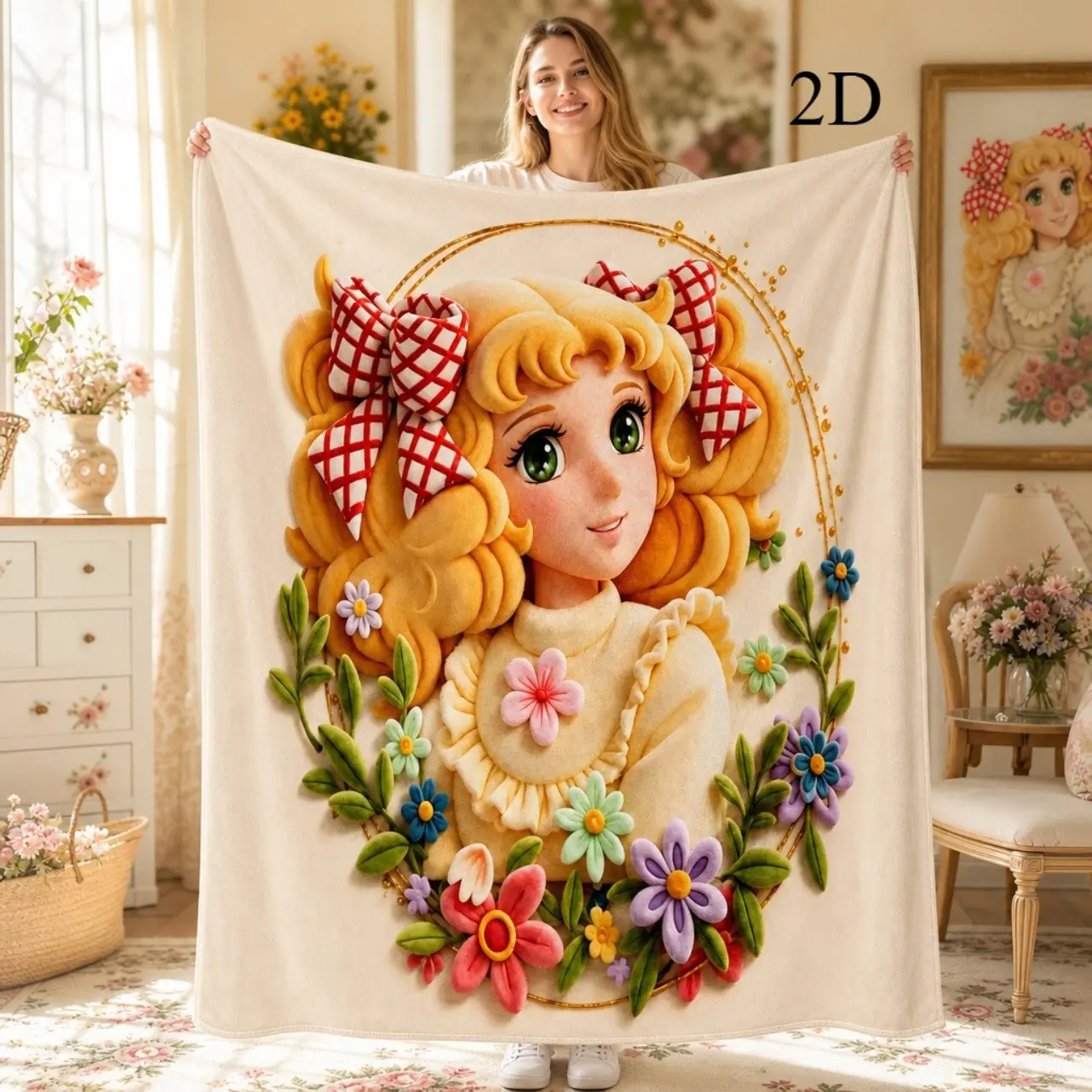 2D Vintage Anime Candy Candy Fannel Decorative Blanket Soft Cozy Throw Blanket Golden Hair Pattern Floral Design Anime Inspired Room Decor Sofa Bed Cover Cute Aesthetic Home Decor Perfect Gift For Girls Birthday Holiday Gift