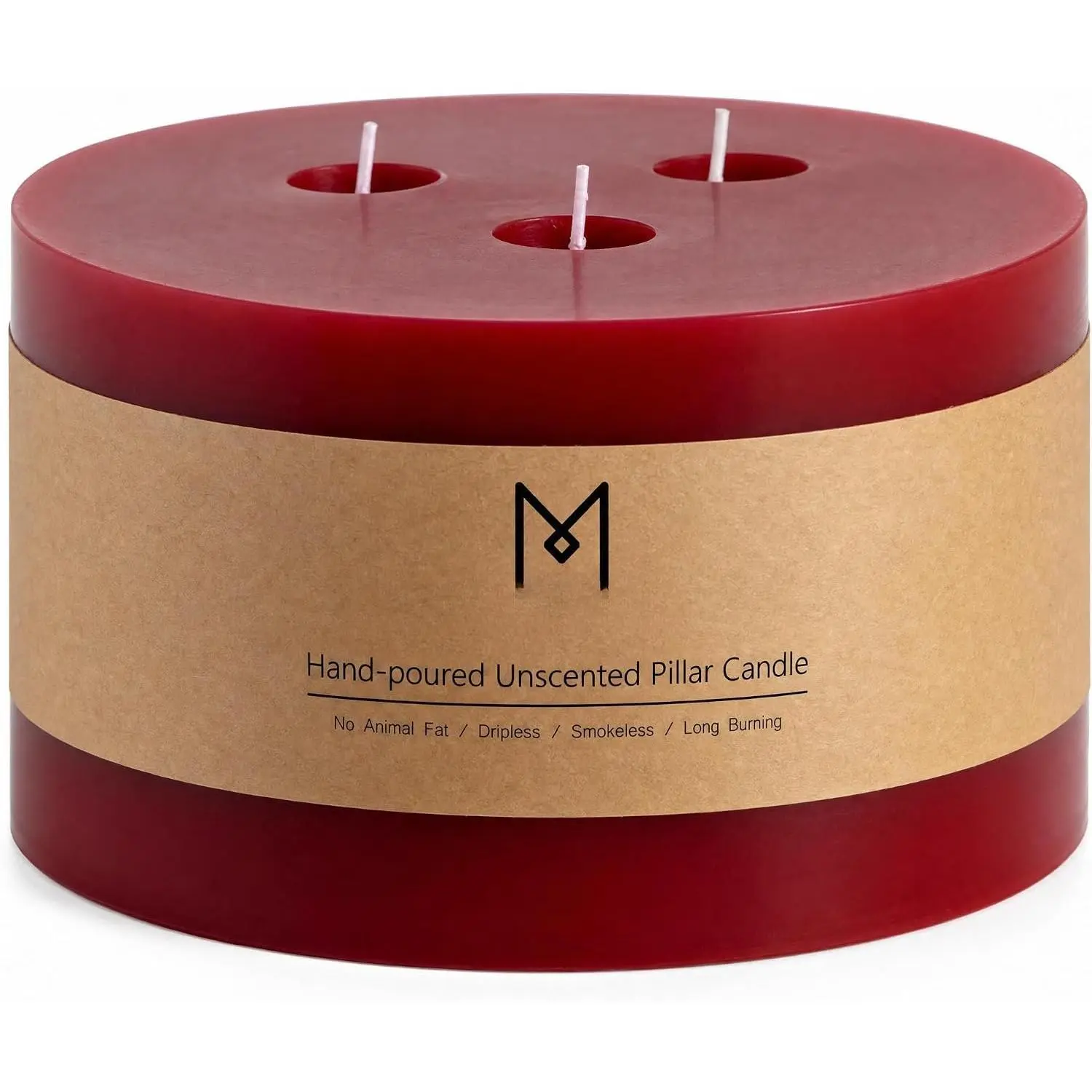 3 Wick Dark Red Pillar Candle, 6" x 4", Unscented, Dripless, , and Clean-. Approx. 80 Hours of  Time.  for Weddings, Dinners, Christmas and  Decor