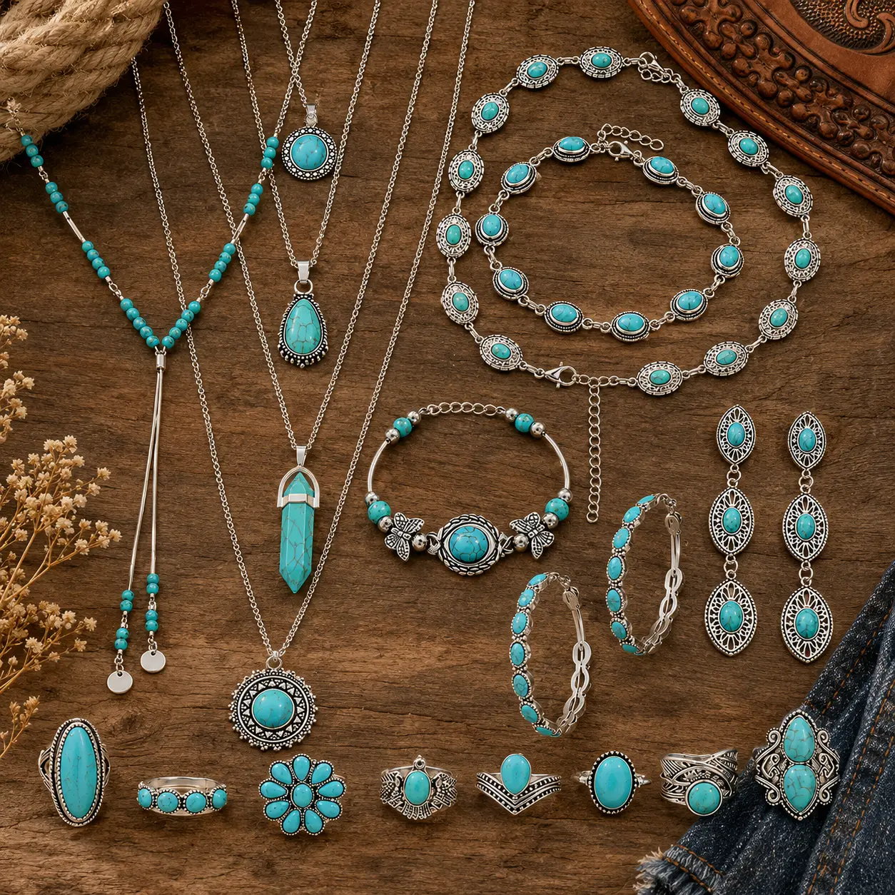 Women's Vintage Turquoise Alloy Bracelet - Lightweight, Adjustable Fit, Floral Motif, Western Cowgirl Statement Jewelry, Southwestern Boho Country Accessory for Daily Female Wear