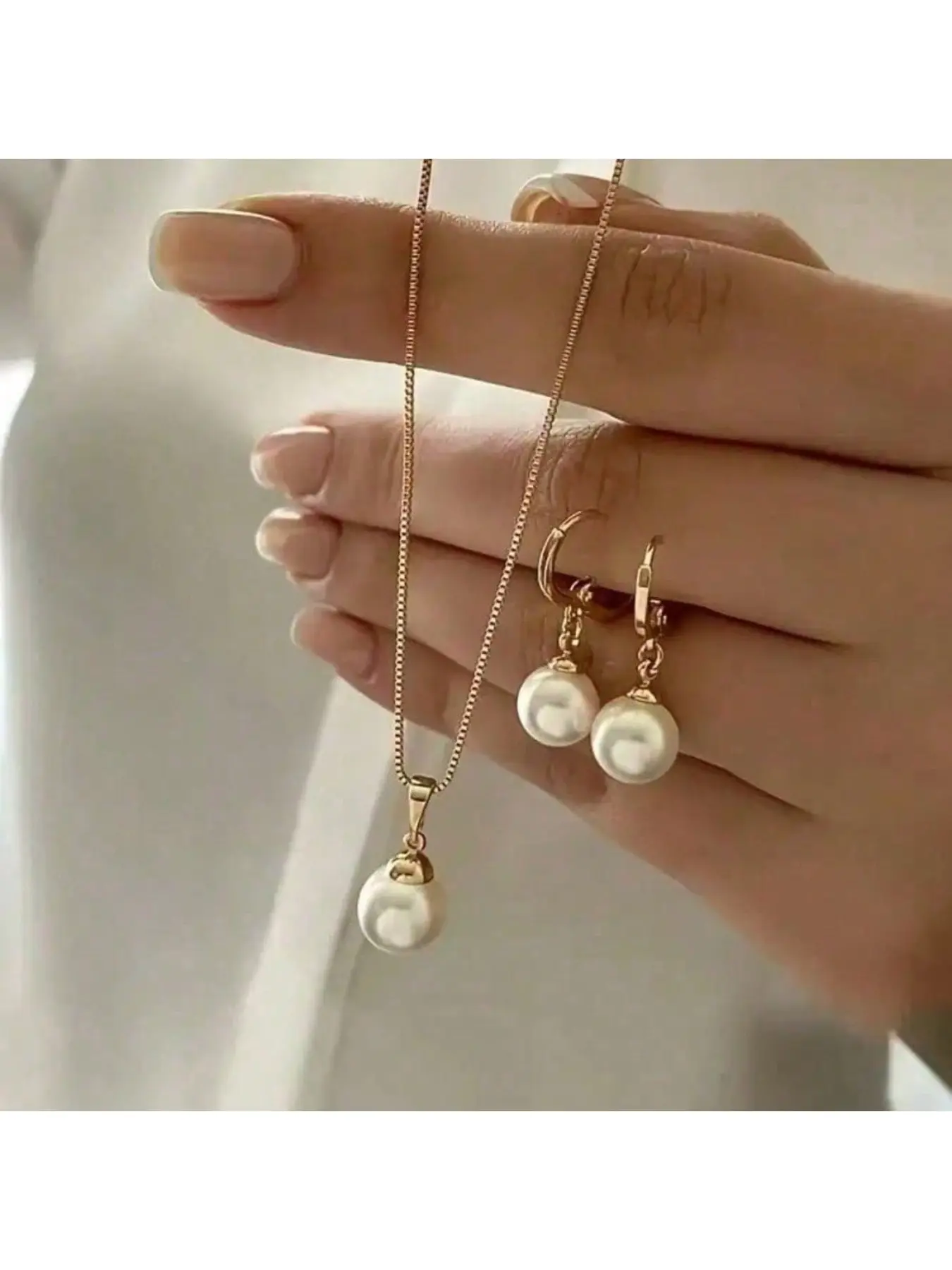Classic Pearl Pendant Necklace and Earrings Set, Delicate Gold Box Chain with Matching Pearl Drop Hoops, Everyday Wear