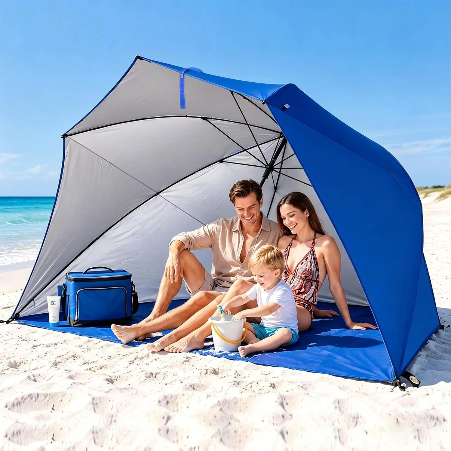 9.5FT Oversized Beach Umbrella Shelter with Patented Side Panels, 3-in-1 Canopy Umbrella Shade Tent for Sports Games, Beach, Picnic, Bleacher Blue