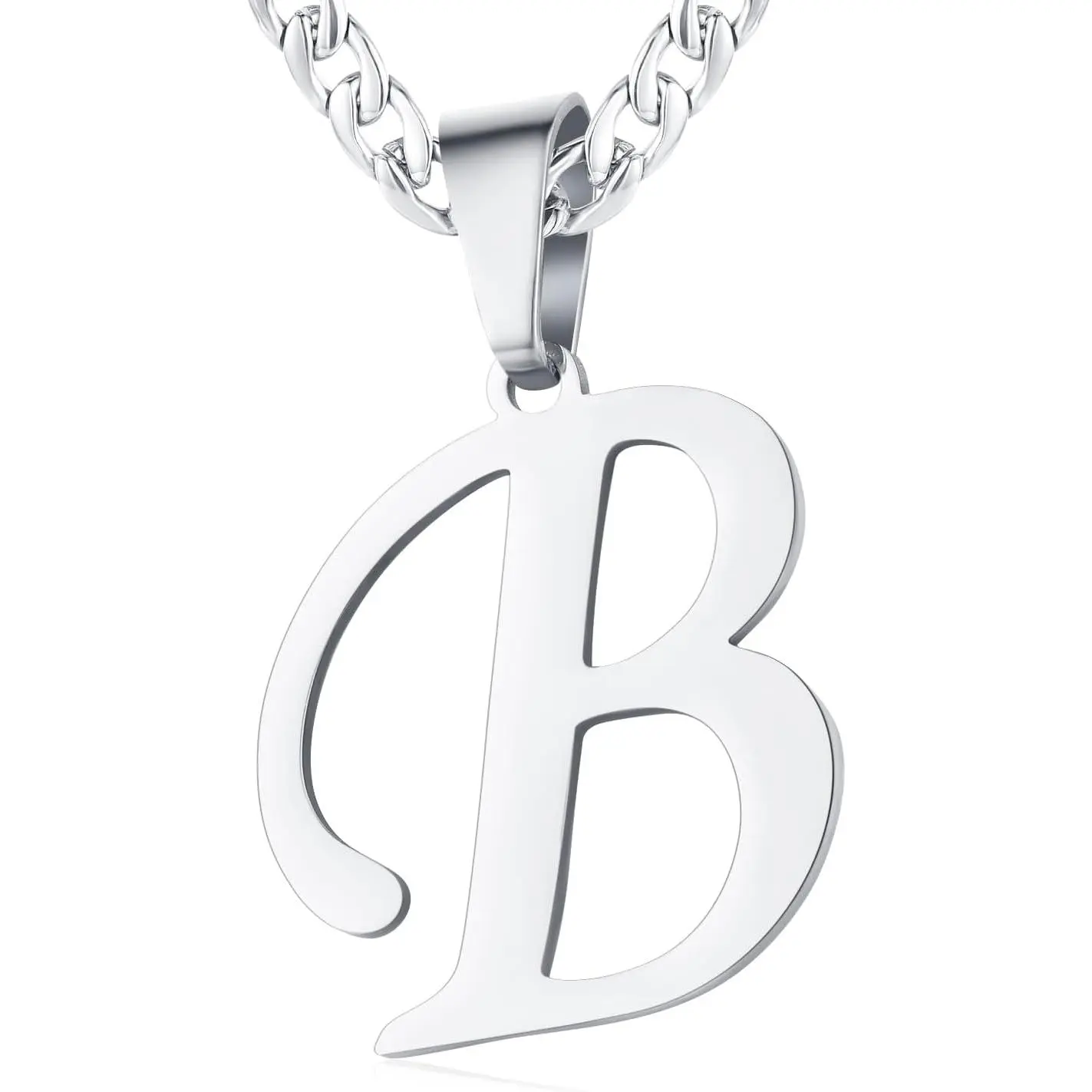 Stainless Steel Initial Capital Letter A-Z Pendant Necklace for Men Women 6mm Width Cuban Chain Length Adjustable