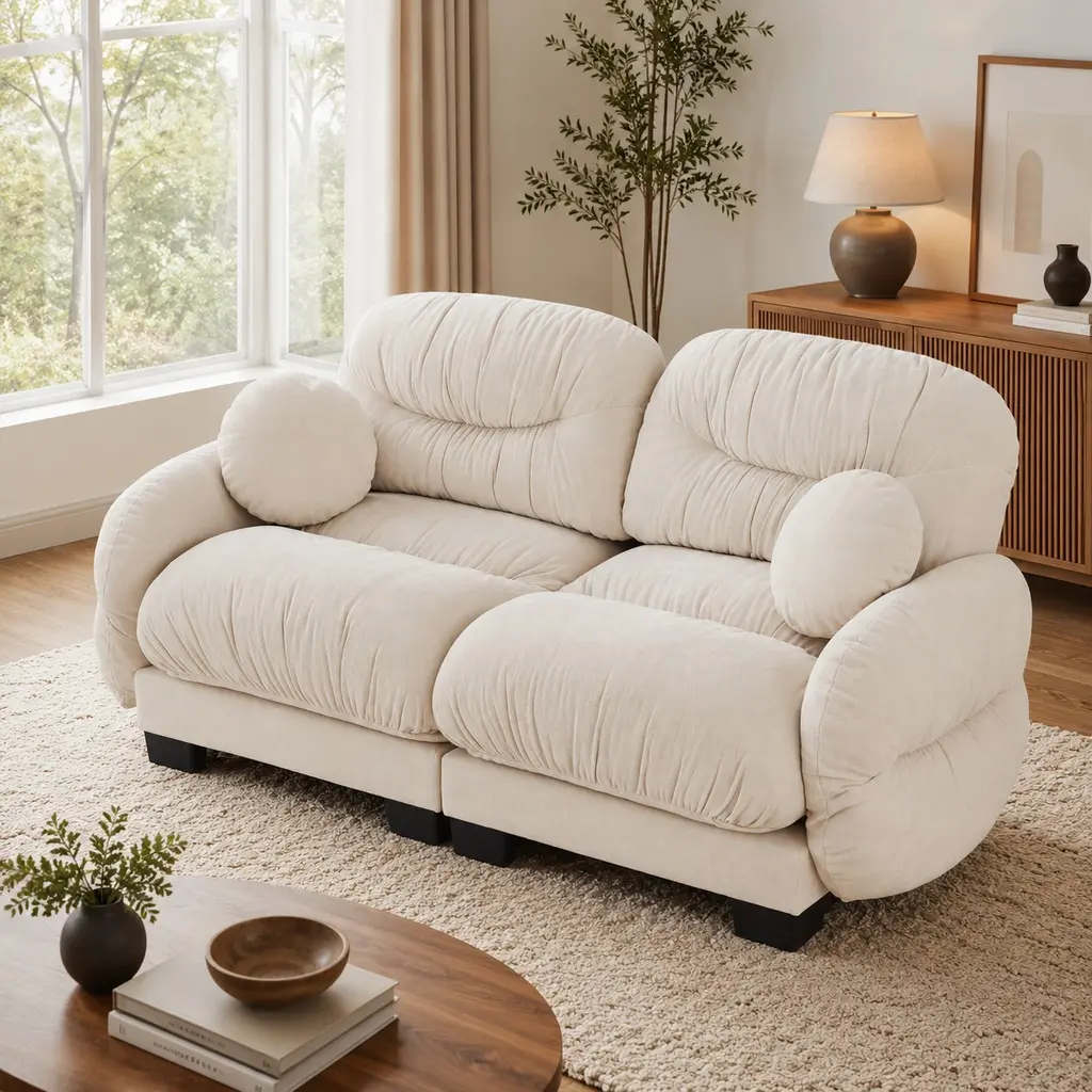 ARCH 2 Seater Modular Sofa with Pleated Design, Cozy Chenille Fabric, High-Density Ergonomic Foam Seat, Curved Round Armrests, 2 Throw Pillows, Beige Living Room Couch for Apartment, Beige Color Options, Chenille Material, 2 Seat Seat Count