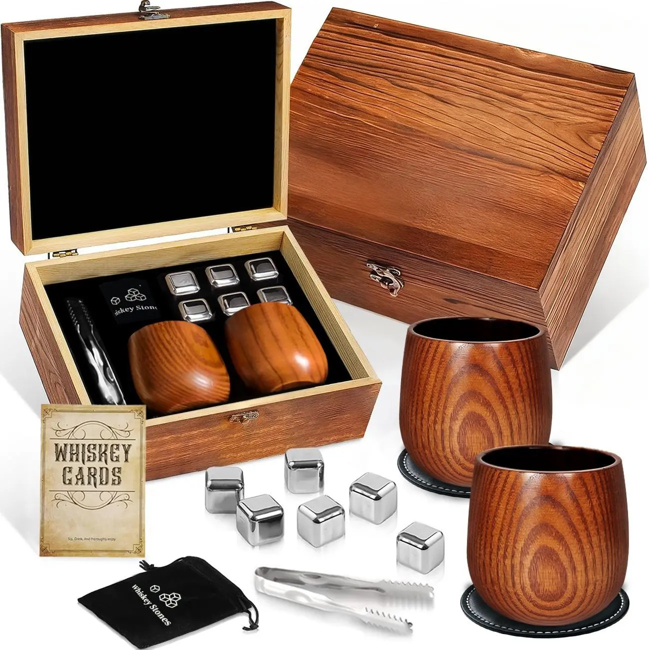 Charred Wood Bourbon Whiskey Glasses Set, Handmade Oak Wooden Whiskey Cups with Ice Stones and Gift Box, Classic Glass Whiskey Glasses for Men, Whisky