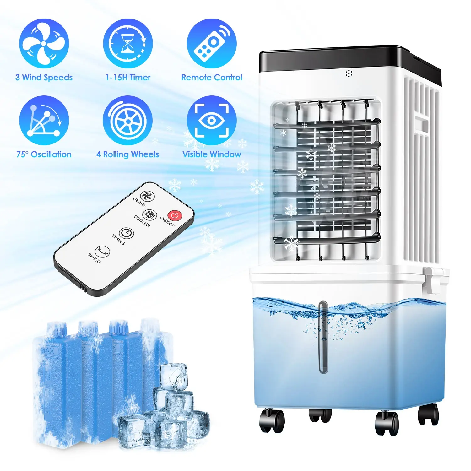 Portable Evaporative Air Cooler Fan with Cooling Mist, 12L Dual Water Tank, 3-Speed Settings, Dual Controls (Touch & Remote), 4 Wheels, 4 Ice Packs, Oscillation, 15H Timer, Visible Window, 3-Prong US Plug, ABS Plastic, 29x28x58cm for Bedroom, Office