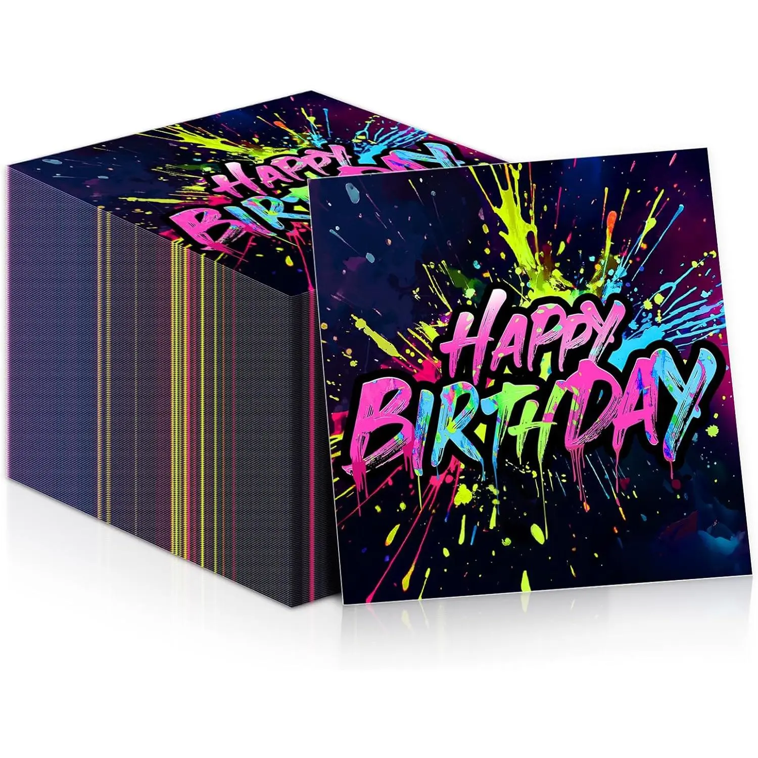 100PCS Neon Birthday Neon Happy Birthday Decorations Glow in the Dark Paper Disposable Glow Colorful Graffiti Cocktail Supplies for  Favors