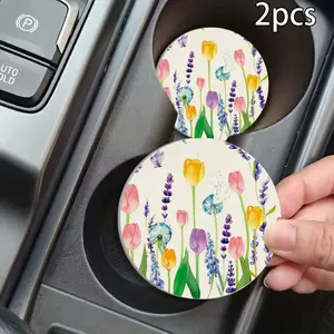 Floral Linen Car Coaster, Printed Heat-Resistant Mat for Cars & Tables