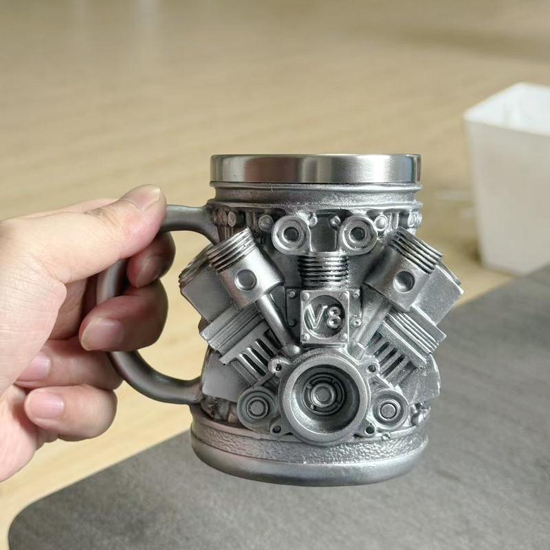 3D V6 Engine Shaped Coffee Mug, Novelty Mechanical Engine Design Cup, Food-grade Resin Car Enthusiast Gift, Realistic Piston Cylinder Texture Mug for Coffee Tea, Perfect for Home Office Garage Decor