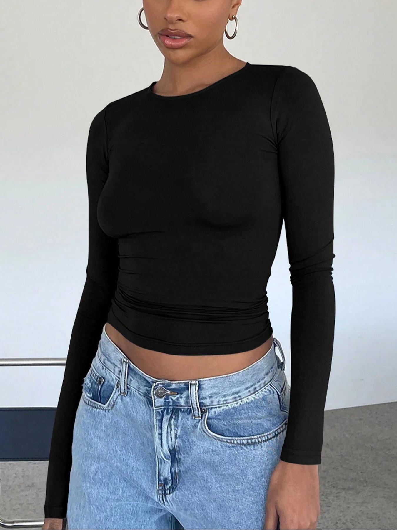 Women's Plain Round Neck Tee, Casual Soft Long Sleeve T-shirt for Daily Wear, Ladies Clothes for Fall & Winter