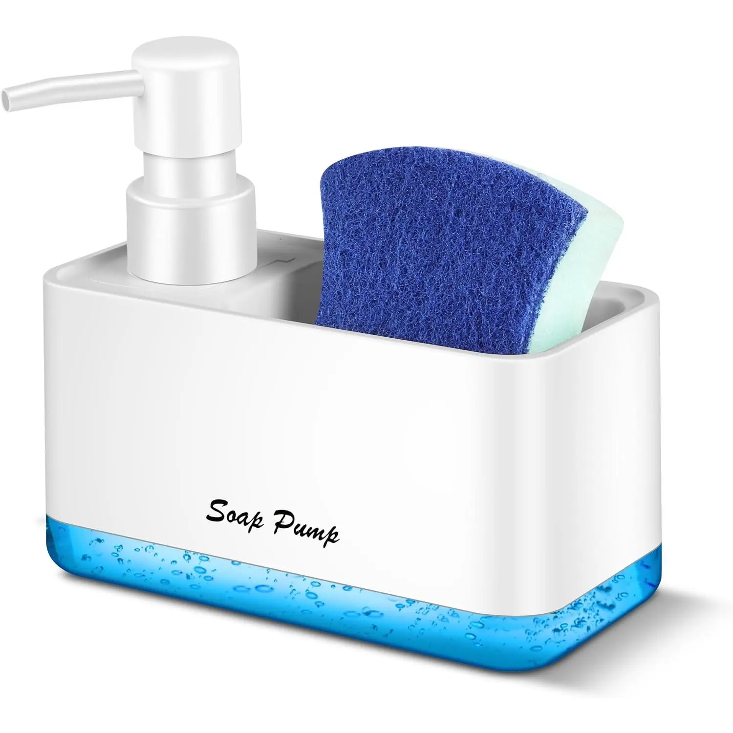 Dish Soap Dispenser with Sponge Holder, 2-in-1 Countertop Small Soap Dispenser for Kitchen and Bathroom, Multi-Scene for Dish Soap, Hand Soap, Lotion,  Wash (White)