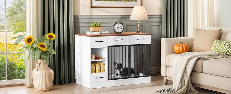Valentine's Day gifts 71" Extra Large Dog Crate Furniture with Removable Divider & 4 Storage Drawers - Heavy-Duty Wooden Indoor Kennel TV Stand for 2 Dogs, Multi-Functional Pet Furniture for Large/Medium Dogs