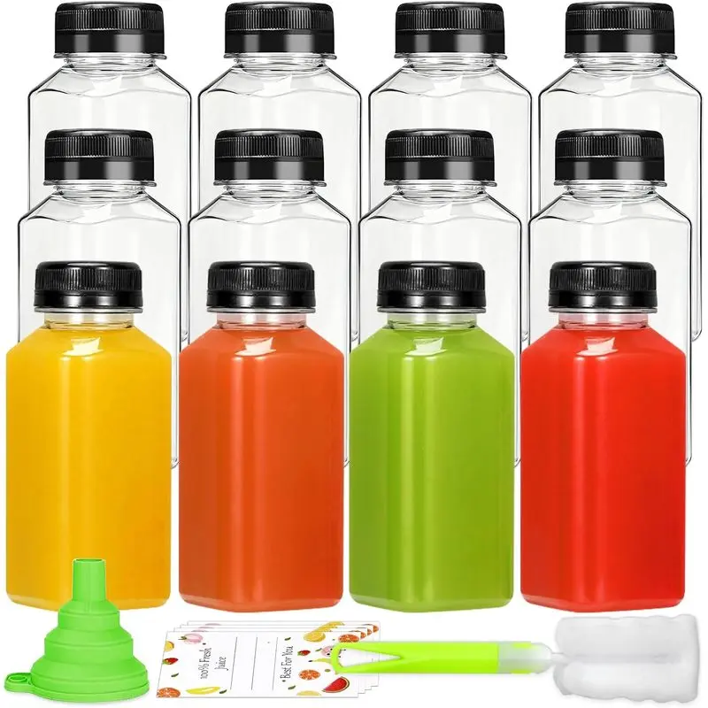 12 Pack 8oz Plastic Juice Bottles with Lids, Reusable Drink Containers for Juice, Milk, Smoothies, Coffee, Water & Daily Beverage Storage
