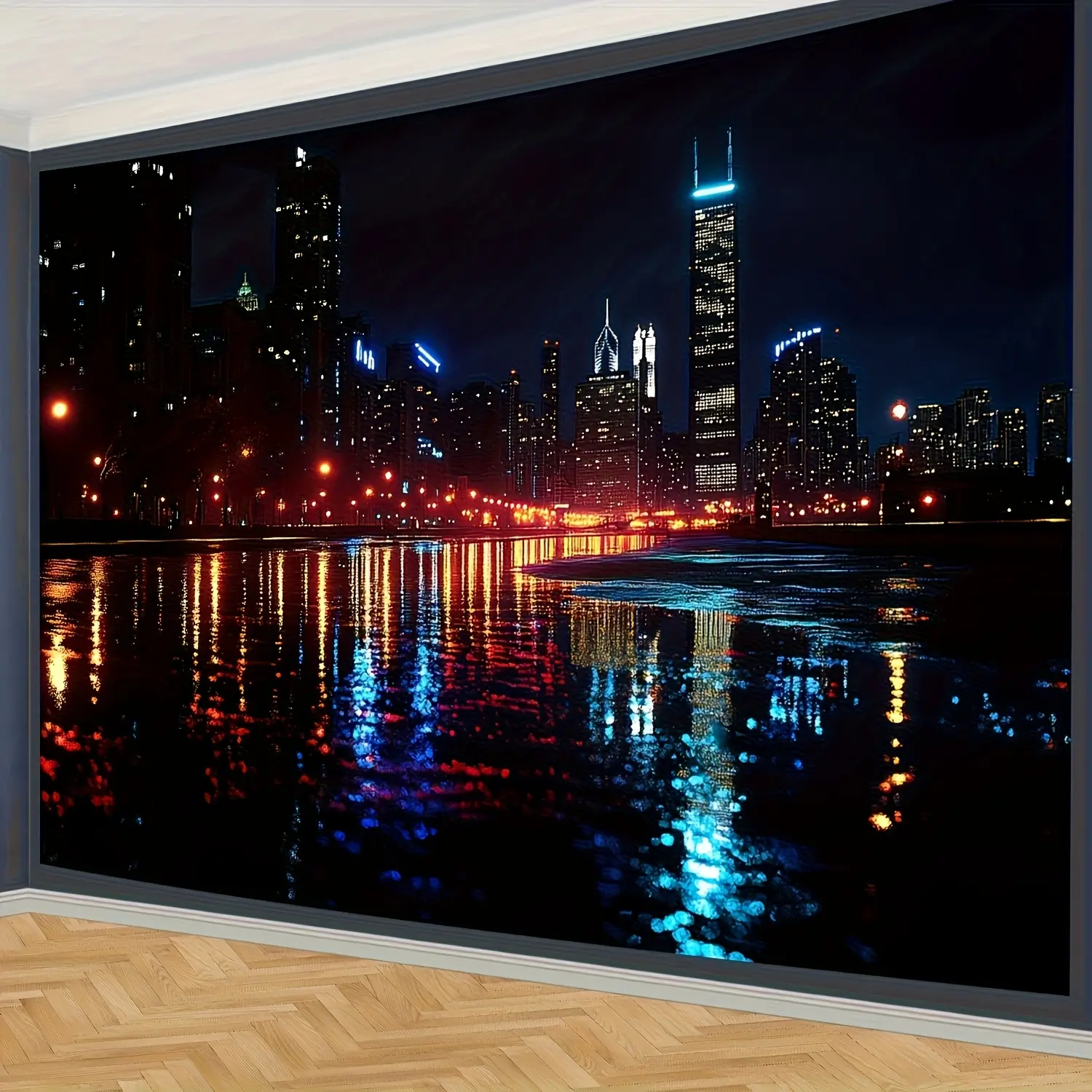 1pc Chicago Skyline Backdrop Suitable for Weddings & Parties - Wrinkle-Resistant Polyester Fabric with Chicago Landmarks & Night City Scenery - Iconic Reflection Background for Events, Decor - Ideal Celebration Gift, No Electricity Required