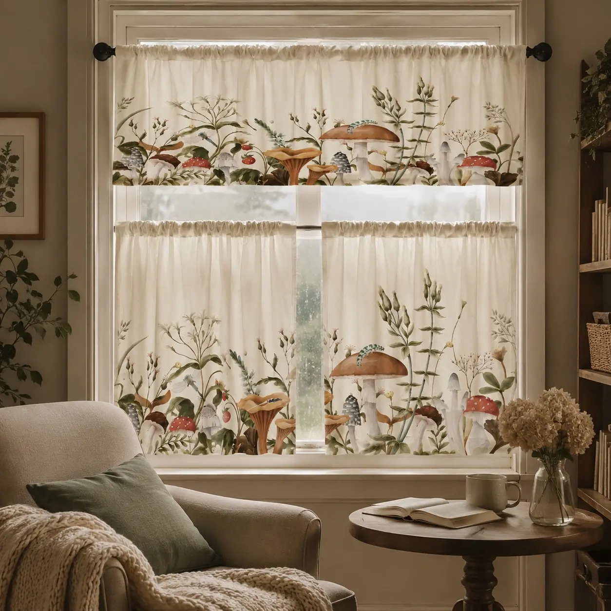 Non-Customised 3-Piece 36-in Polyester Window Curtain Set - Botanical Mushroom Valance, 2 Tiers, Vintage Dustproof Soft Drapes, Nature Theme Home Decor, Machine Washable for Kitchen/Living Room