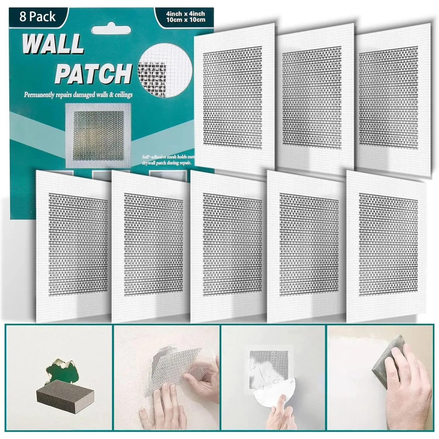 8 count 4 Inch Drywall Patch, Wall Repair Patches Wall Hole Repair Patch | Wall Patch for  Metal Sheetrock Ceiling, Self-Adhesive Fiberglass Repair Kit(4"x 4")