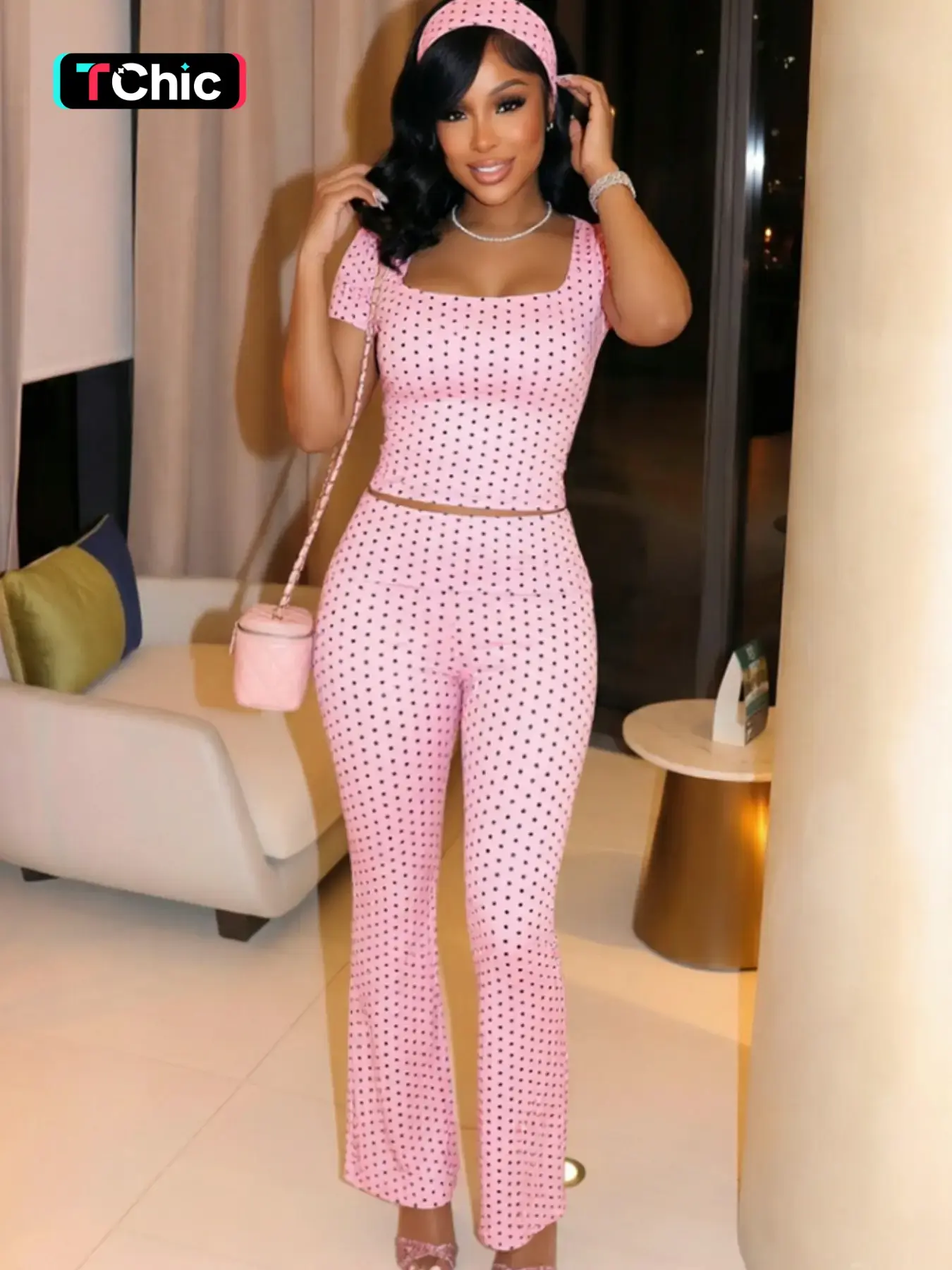 Women's 3-Piece Set, Fall Fashion Casual Outdoor Home Polka Dot Print Square Neck Exposed Belly Short Top + Long Pants + Headband Set