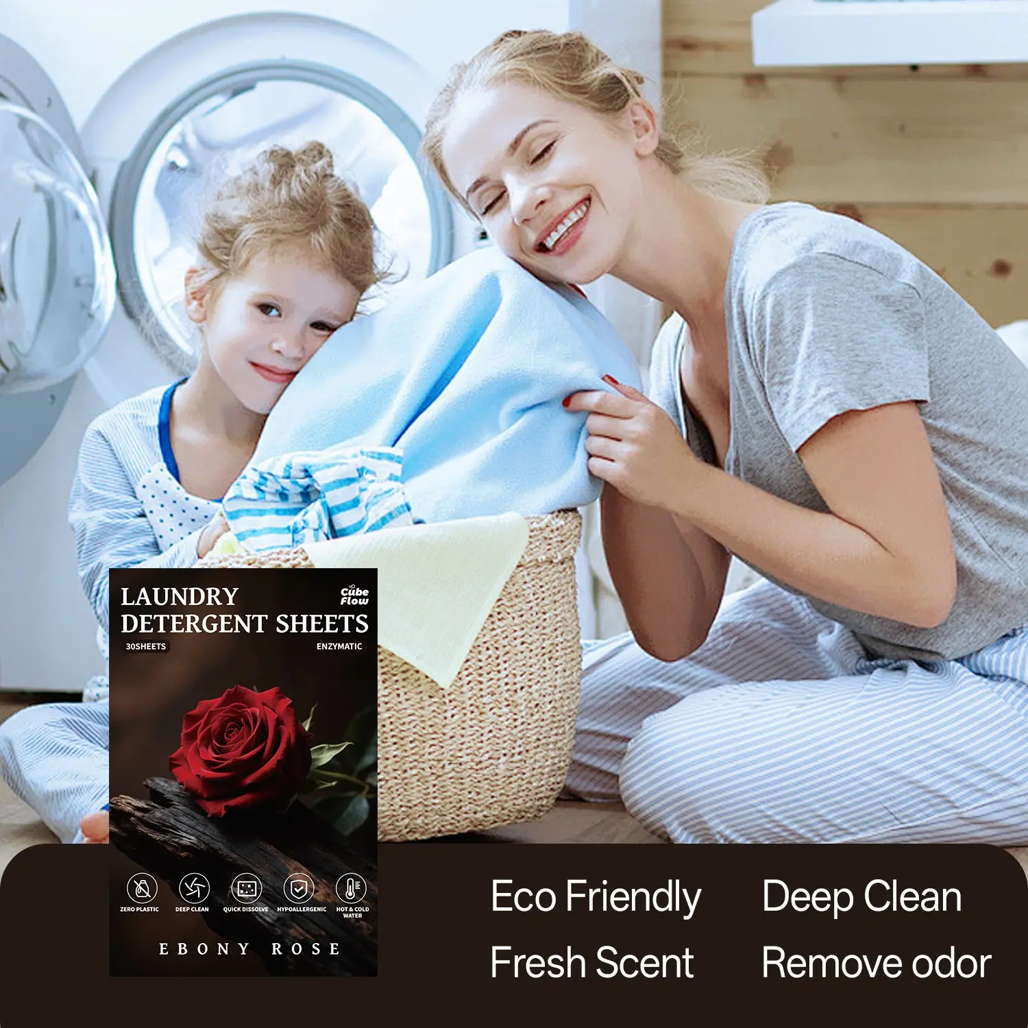 All-In-One Laundry Sheets, Phosphate-Free, No Fluorescent Agents, Biodegradable, Deep Cleaning, Removes Sweat Odor, Family Use, Long-Lasting Freshness