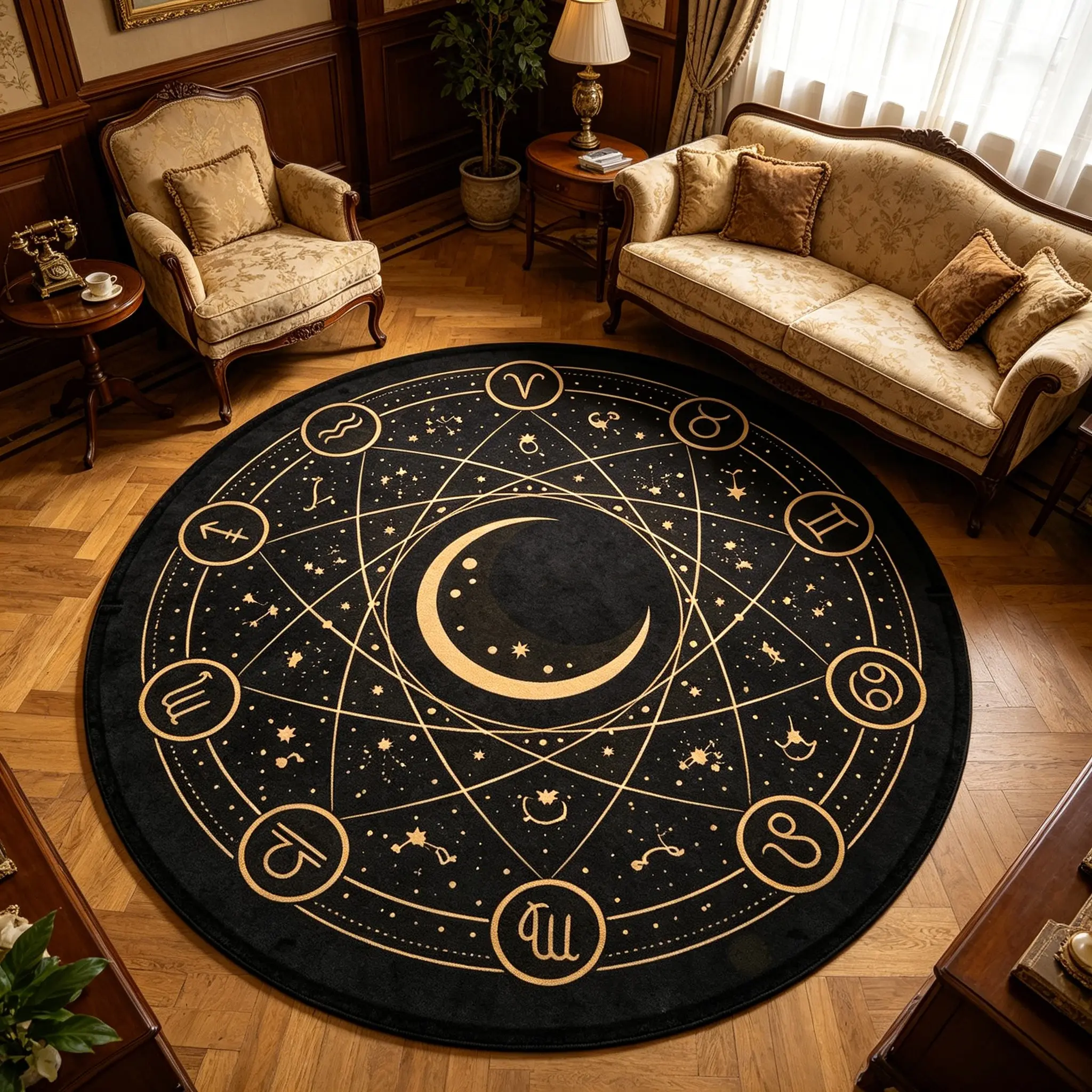 Round Vintage Moon Magic Rug, Fluffy Rug, Large Area Carpet for Living Room Bedroom, Non-Slip Plush Mat, Decorative Rug, Home Decor Rug, Holiday Decor Gift