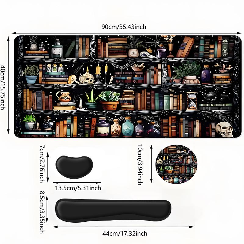 Magic Library Pattern Mouse Pad Set, Mouse Pad & Keyboard Wrist Rest & Coaster, Ergonomic Wrist Support, Computer Mat, Suitable for Home Office Gaming