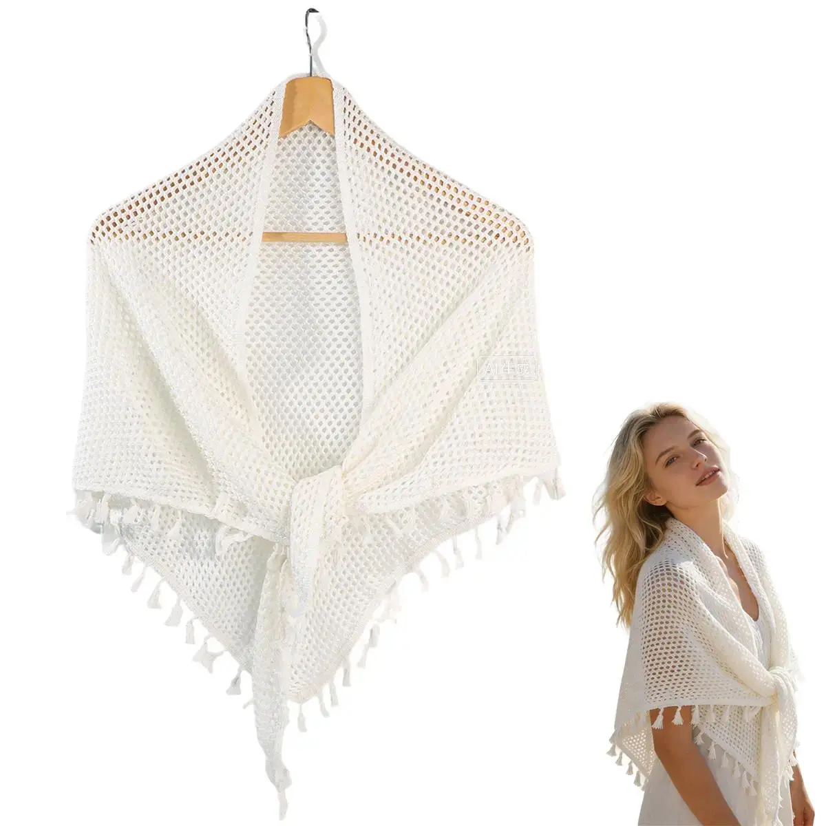 Women's Elegant Knit Shawl Wrap - Trendy Solid, Fringe Trim, Casual Soft, Crochet Hollow, Tie-Up Front Poncho Scarf, Universal Size Decorative Accessory for Wedding, Casual Occasions, Trendy Solid Shawl, Casual Soft Shawl
