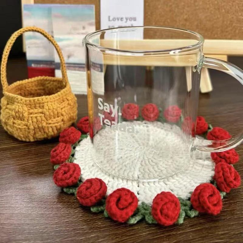 Rose Crochet Coasters with Plant Pot Handmade Knitted Flower Bouquet Coaster Coffee Table Cupmat Placemat Home Office Decor
