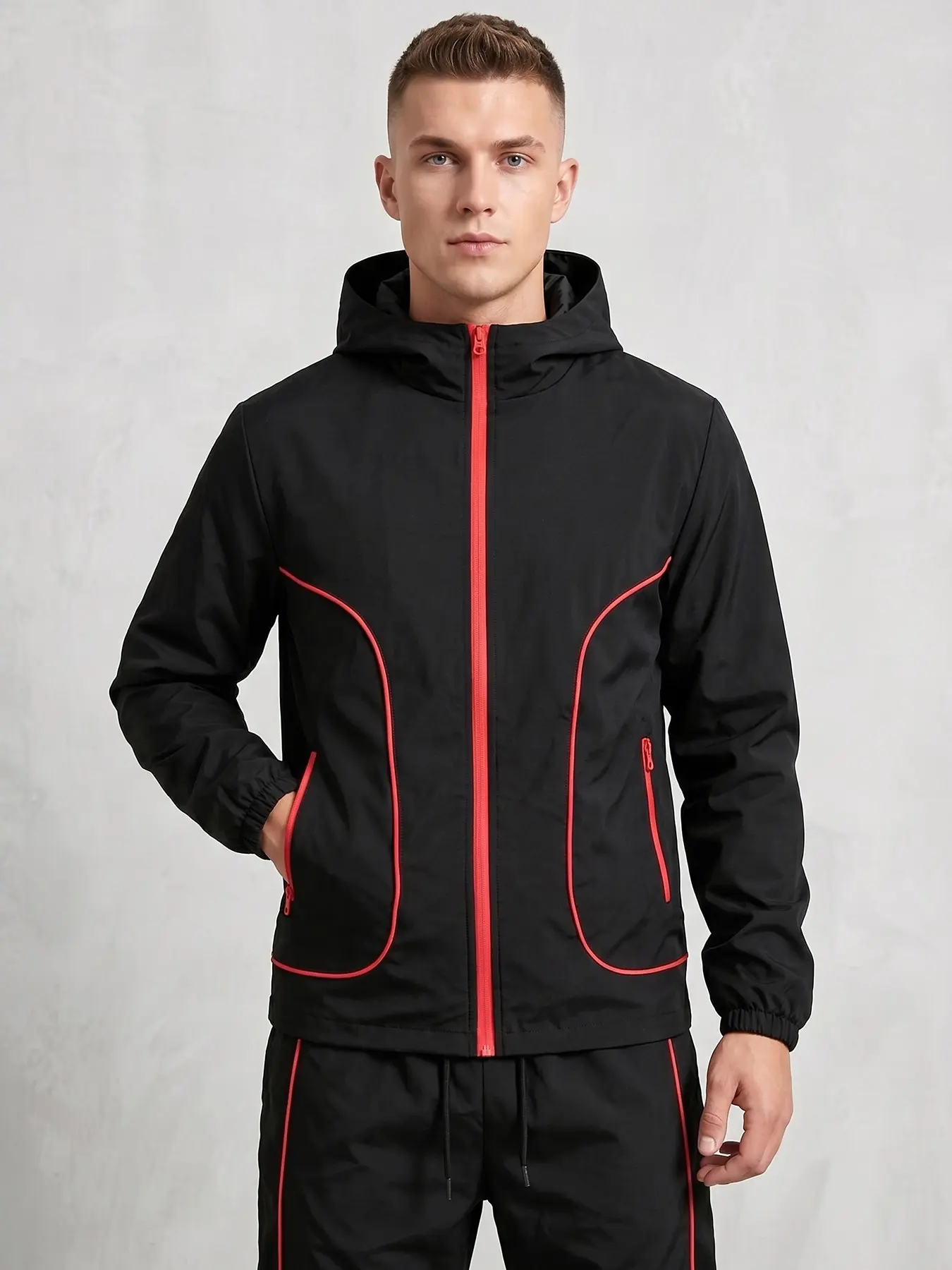 Men's Full Zip Hooded Windbreaker Jacket, White Contrast Piping Lightweight Windproof Athletic Track Coat with Zipper Side Pockets Elastic Cuffs, Casual Outdoor Running Sport Outerwear