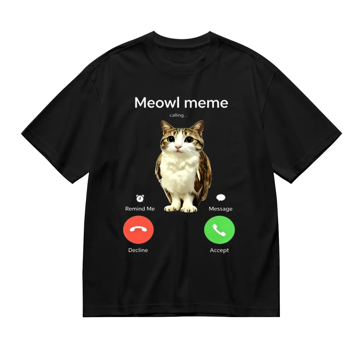 Meowl Meme Call Graphic Print Men's 100% Cotton Short Sleeve T-shirt Tee, Single Side Breathable Athletic Top, Machine Washable Casual Summer Clothing Multi Sizes, Perfect Match Jeans Beach Shorts for
