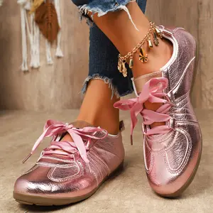 Silver lace-up German training  for women, new versatile casual flat lace-up sneakers, large size trendy walking