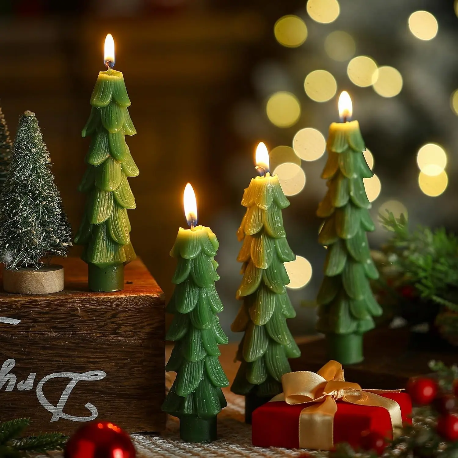 4 Pcs 5 Inch Green Christmas Tree Shaped Taper Candles | Xmas Holiday Candle, Unscented Candlesticks for Christmas Party, Room, House, Kitchen Decor, Wedding Decorations Gift
