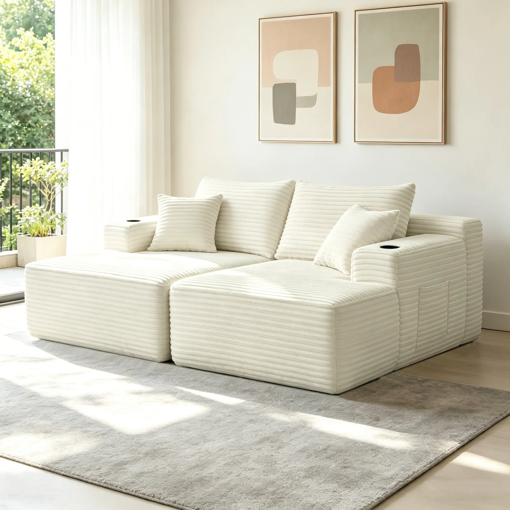 ARCH 76" Cloud Sectional Couch L-Shape Chaise with Deep Seat 2 Seater Sofa for Living Room Plush Fabric Beige White Cup Holder Modern Furniture, Living Room Furniture for Apartment, Lounge, Family Room, Office and Home Seating, Sofa Couch Seating