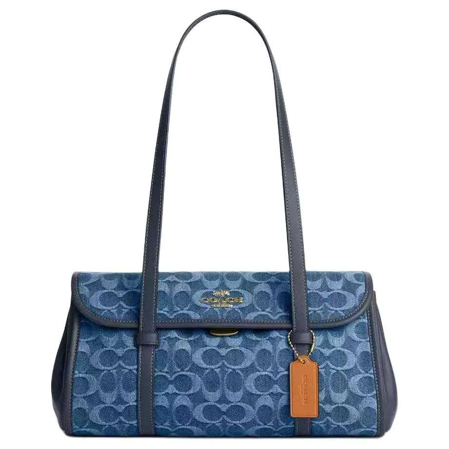 COACH Bridget 34 Classic Monogram Shoulder Bag for Women, Denim and Smooth Leather with Gold Logo, Indigo Blue