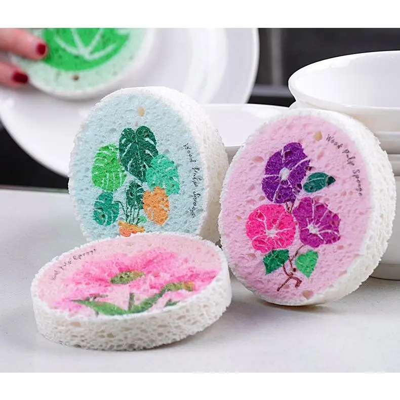 Round Printed Compressed Wood Pulp Dish Sponge, Kitchen Scrubber For Dishes Cookware, Expandable Non Scratch Oil Repellent Pad With Hanging Hole